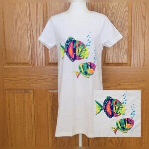 Talbots Vintage Deadstock Beach Swim Cover Up Fish Graphic Long Tee Colorful NEW